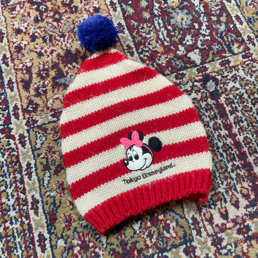 VTG RARE 80s Tokyo Disneyland Minnie Mouse Striped mini Beanie‎ Pom Pom knit hat
